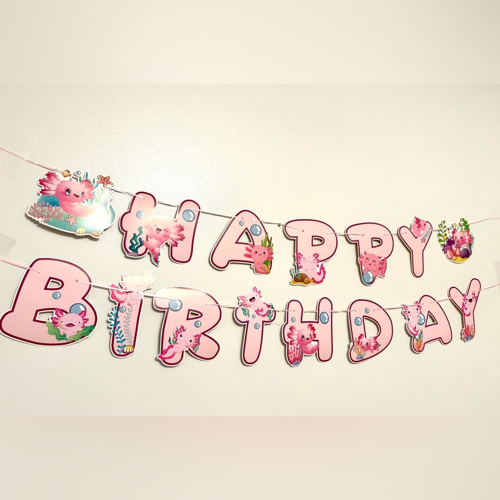 Pink Axolotl Happy Birthday Banner and Hanging Axolotl Swirls